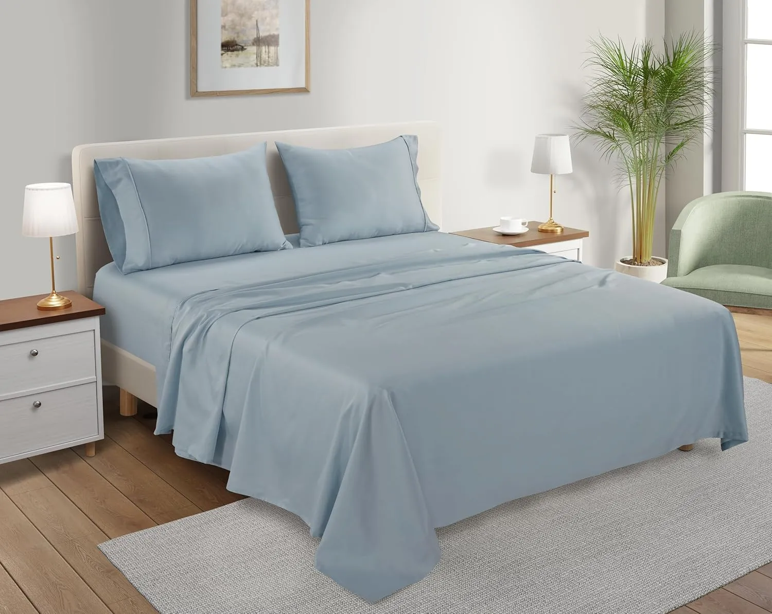 100% Organic Cotton Sheets King Size, 300 Thread Count 4 Piece Breathable Bed Sheet Set, 15" Deep Pocket King Sheets Cotton, Solid Sateen Weave Luxury Hotel Collection, No Pill & Shrink- Light Blue