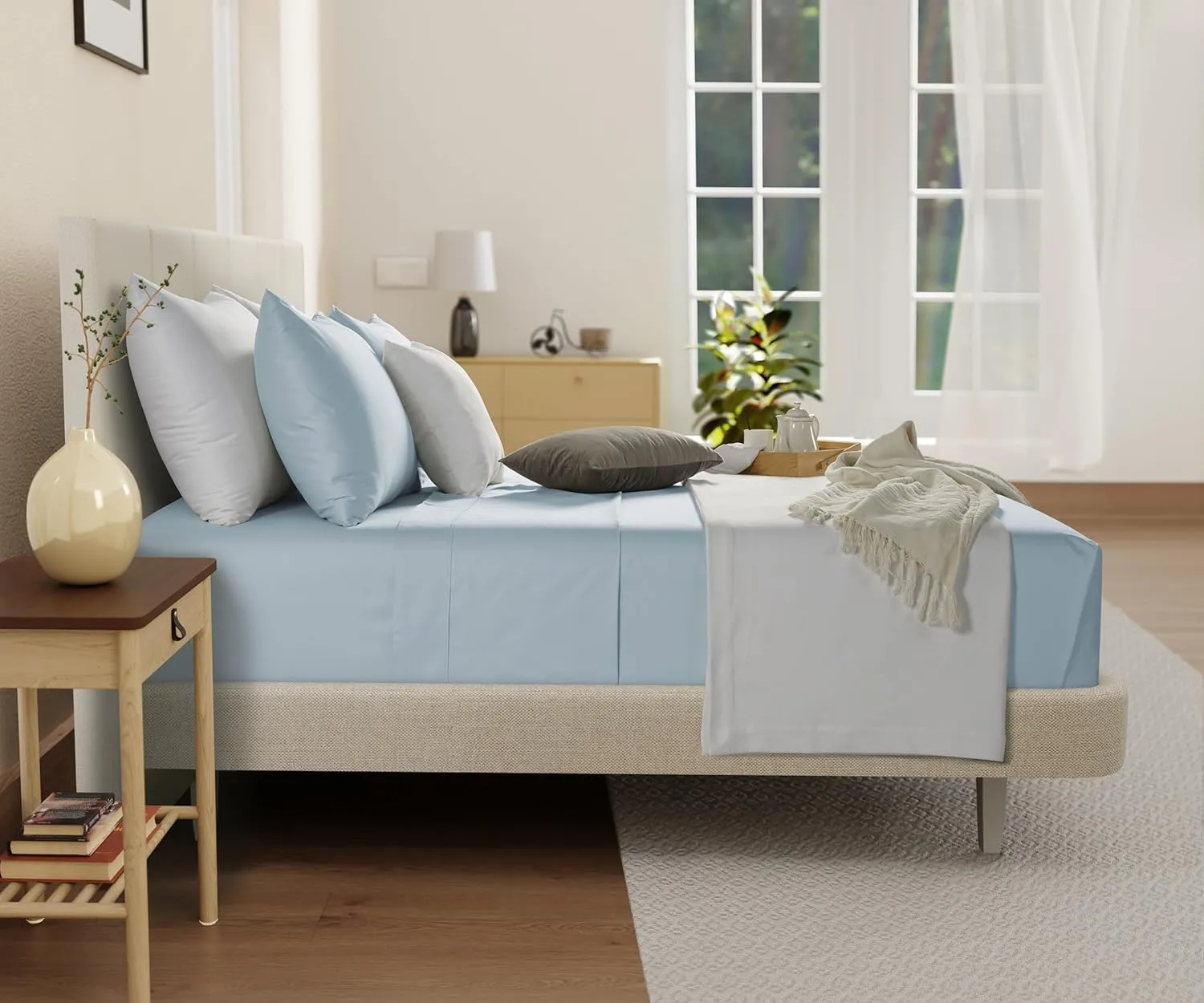 100% Organic Cotton Sheets King Size, 300 Thread Count 4 Piece Breathable Bed Sheet Set, 15" Deep Pocket King Sheets Cotton, Solid Sateen Weave Luxury Hotel Collection, No Pill & Shrink- Light Blue