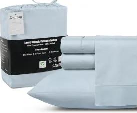 100% Organic Cotton Sheets King Size, 300 Thread Count 4 Piece Breathable Bed Sheet Set, 15" Deep Pocket King Sheets Cotton, Solid Sateen Weave Luxury Hotel Collection, No Pill & Shrink- Light Blue
