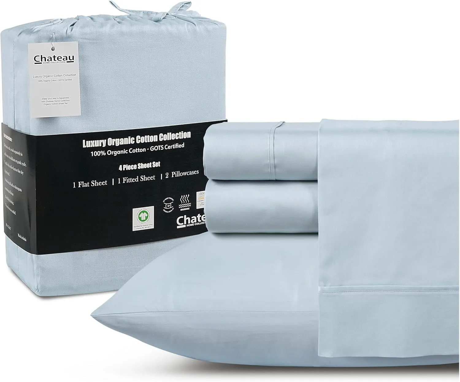 100% Organic Cotton Sheets King Size, 300 Thread Count 4 Piece Breathable Bed Sheet Set, 15" Deep Pocket King Sheets Cotton, Solid Sateen Weave Luxury Hotel Collection, No Pill & Shrink- Light Blue