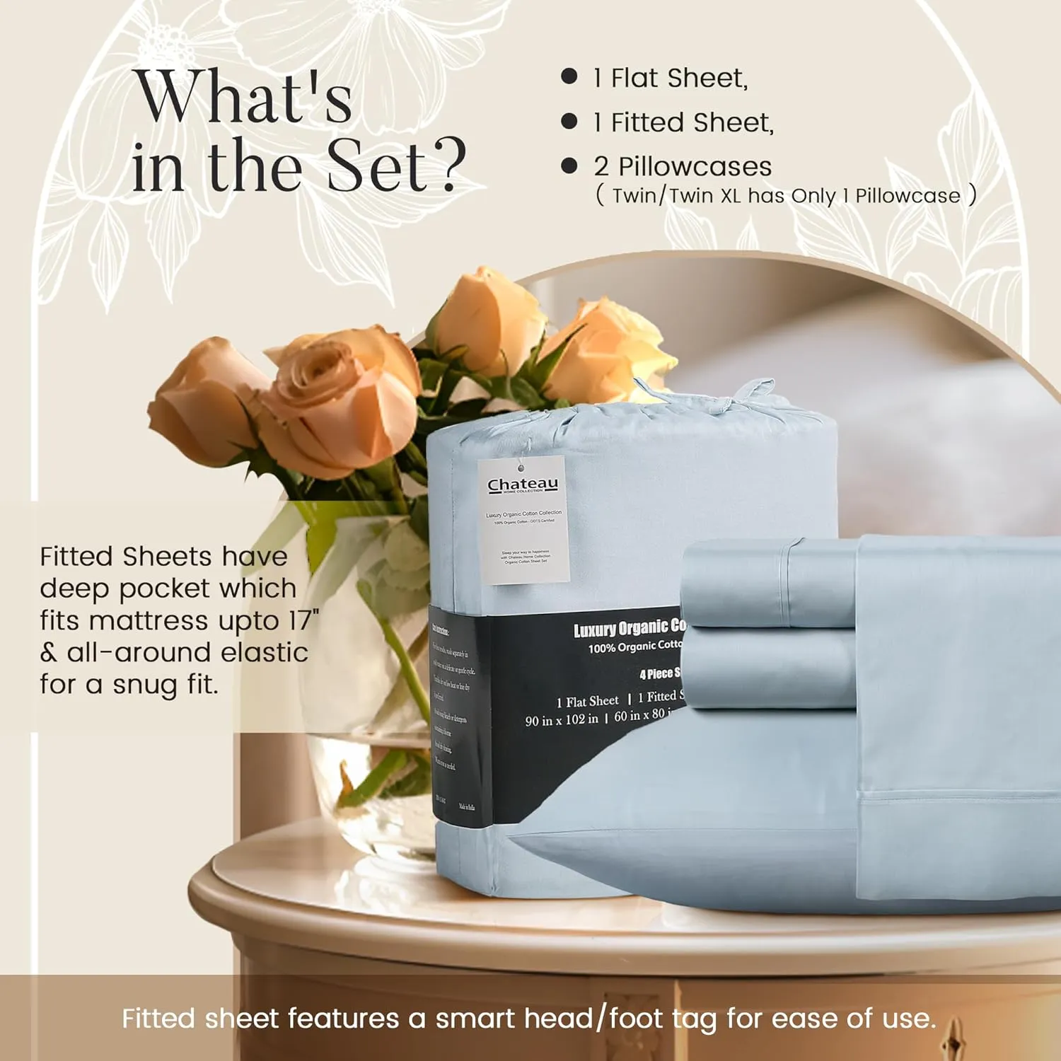100% Organic Cotton Sheets King Size, 300 Thread Count 4 Piece Breathable Bed Sheet Set, 15" Deep Pocket King Sheets Cotton, Solid Sateen Weave Luxury Hotel Collection, No Pill & Shrink- Light Blue