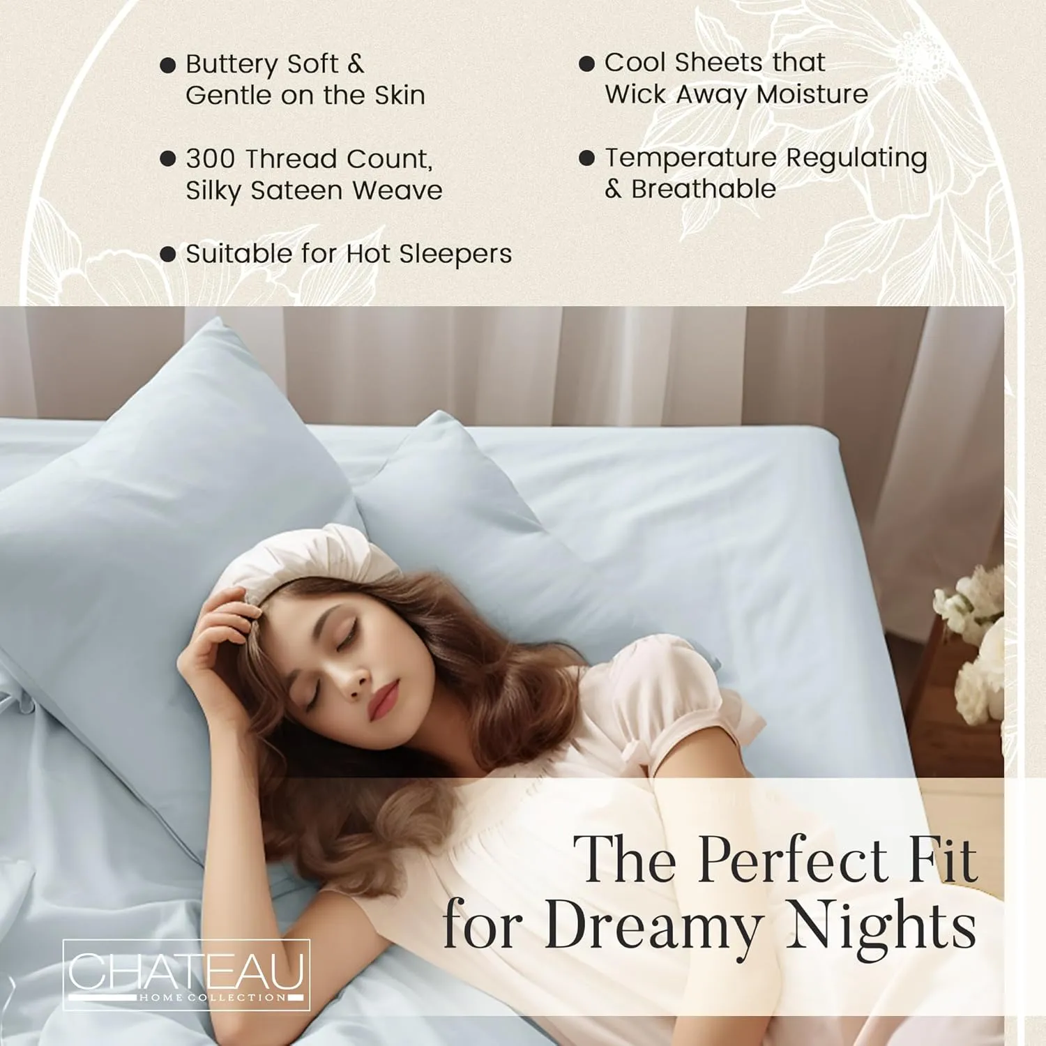 100% Organic Cotton Sheets King Size, 300 Thread Count 4 Piece Breathable Bed Sheet Set, 15" Deep Pocket King Sheets Cotton, Solid Sateen Weave Luxury Hotel Collection, No Pill & Shrink- Light Blue