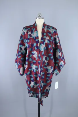 1930s Vintage Haori Kimono Jacket / Dark Red & Blue Ikat