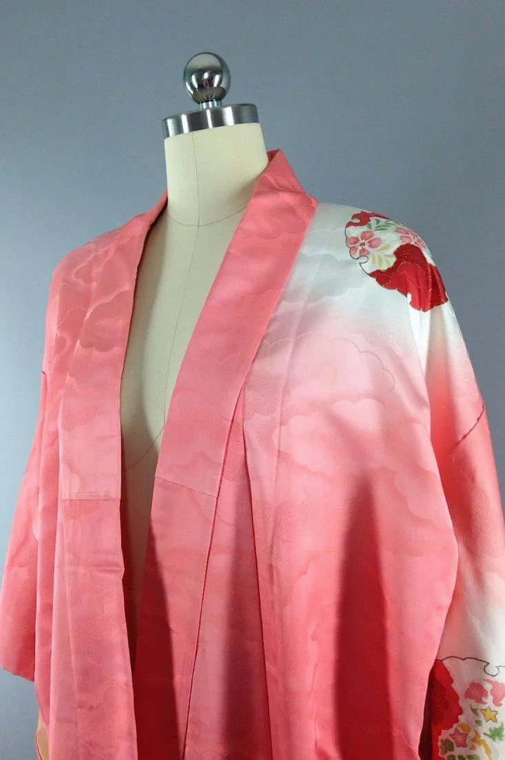 1950s Vintage Silk Kimono Robe / Pink Clouds