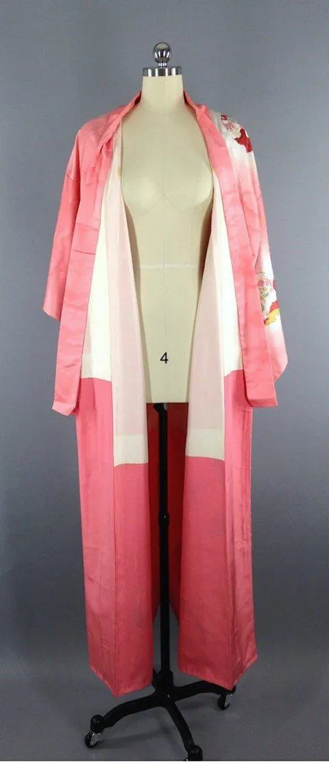 1950s Vintage Silk Kimono Robe / Pink Clouds