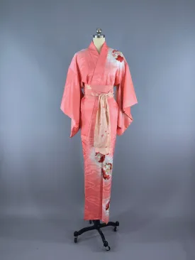 1950s Vintage Silk Kimono Robe / Pink Clouds