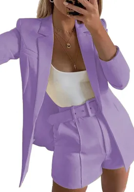 2 Piece Outfits for Women Long Sleeve Solid Open Front Blazer Shorts with Belt Casual Elegant Business Suit Sets