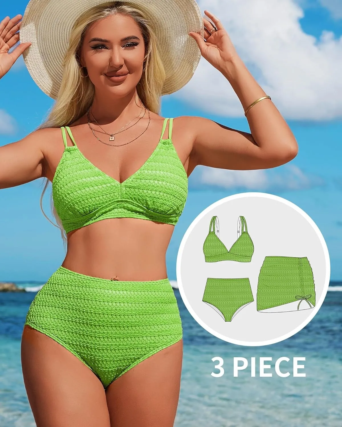 3 Piece Textured V Neck Drawstring Bathing Suit with Skirt