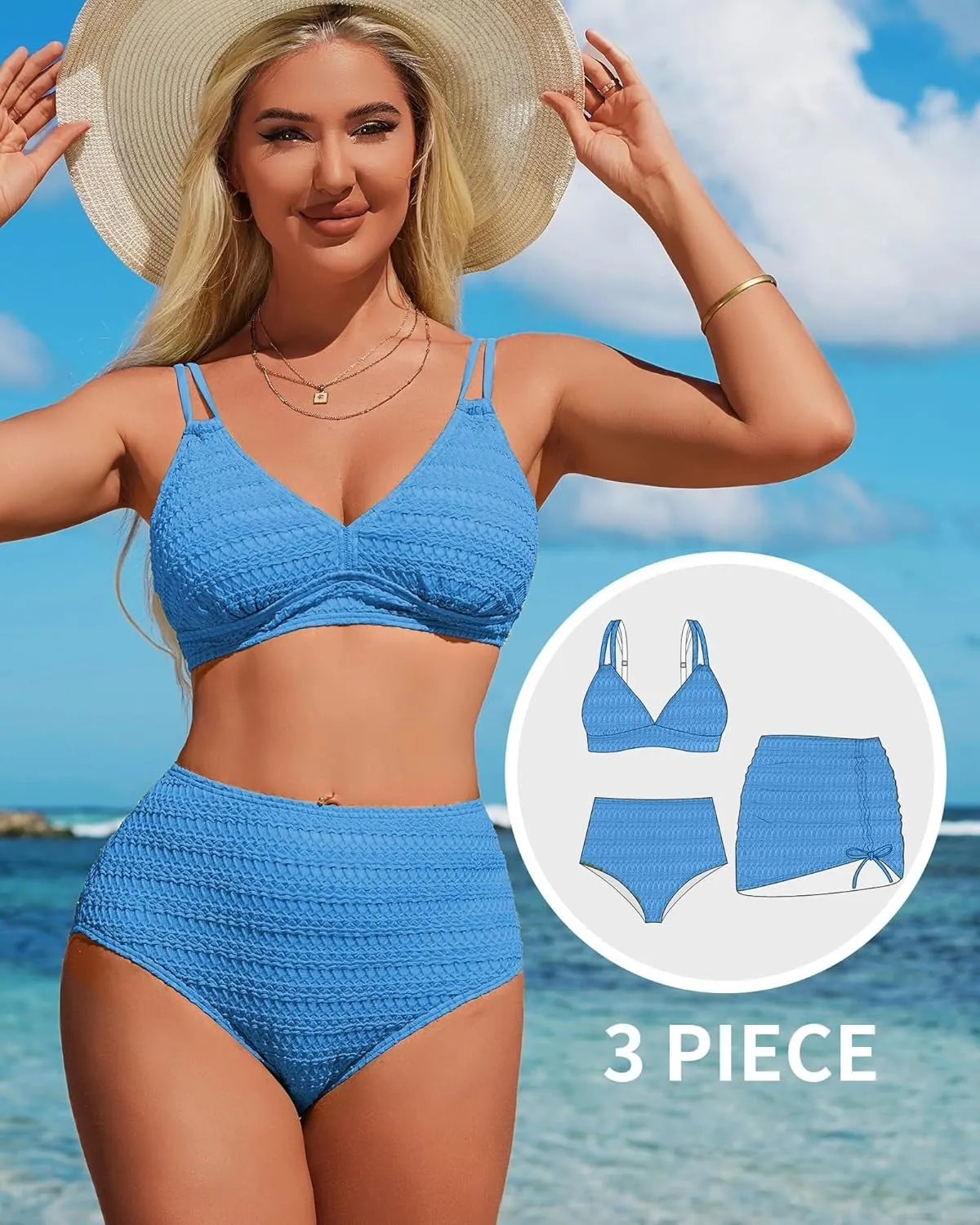 3 Piece Textured V Neck Drawstring Bathing Suit with Skirt