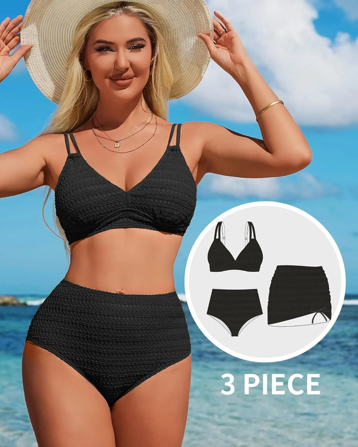 3 Piece Textured V Neck Drawstring Bathing Suit with Skirt