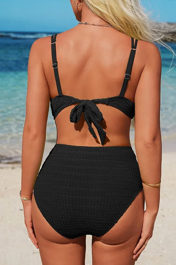 3 Piece Textured V Neck Drawstring Bathing Suit with Skirt