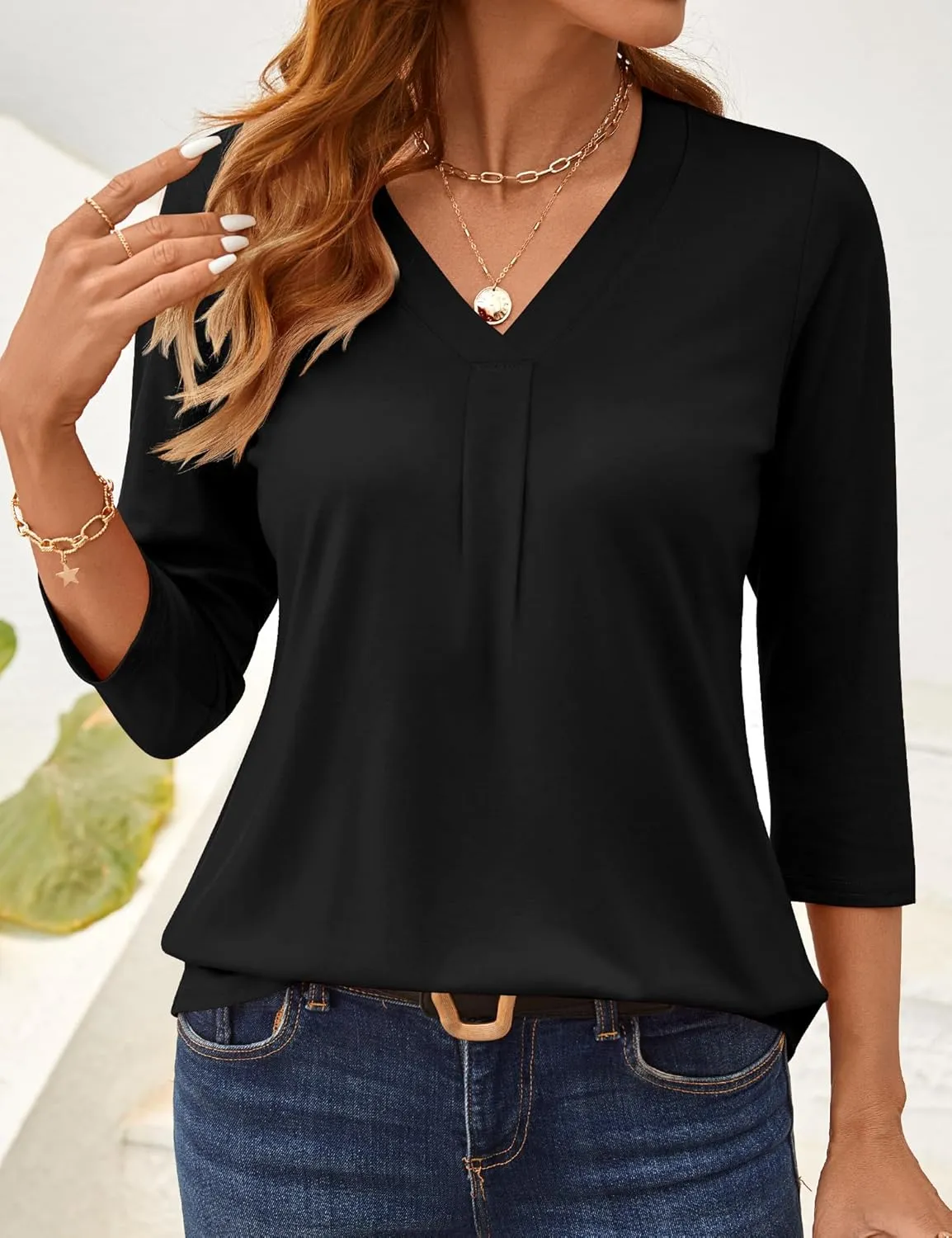 AKEWEI 3/4 Length Sleeve Womens Tops V Neck T Shirts Dressy Casual Basic Summer Tees 2025