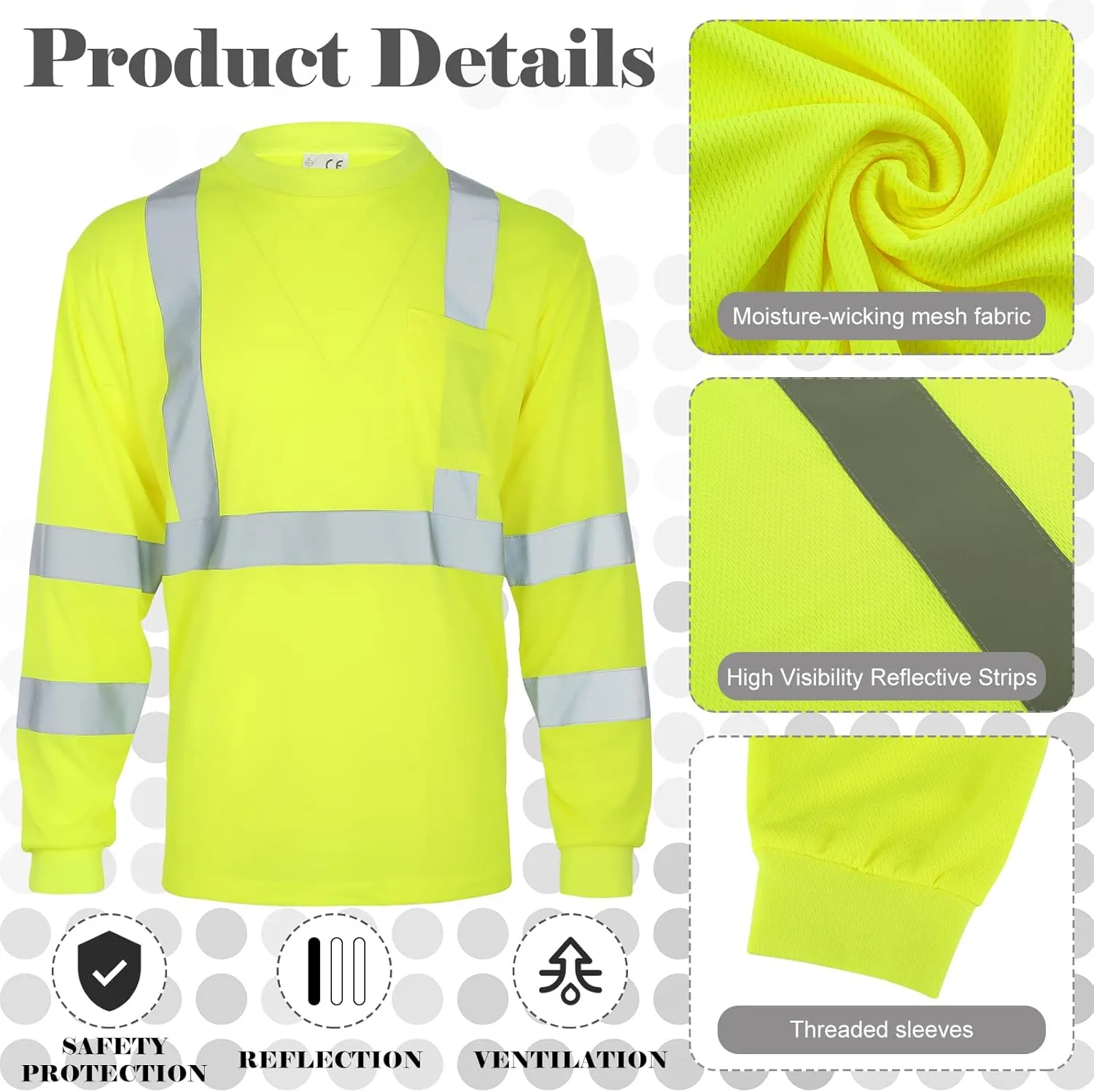 Amylove 4 Pcs Long Sleeve Safety Shirt High Visibility Reflective Construction Work Shirts for Men Women(XXL,Yellow)
