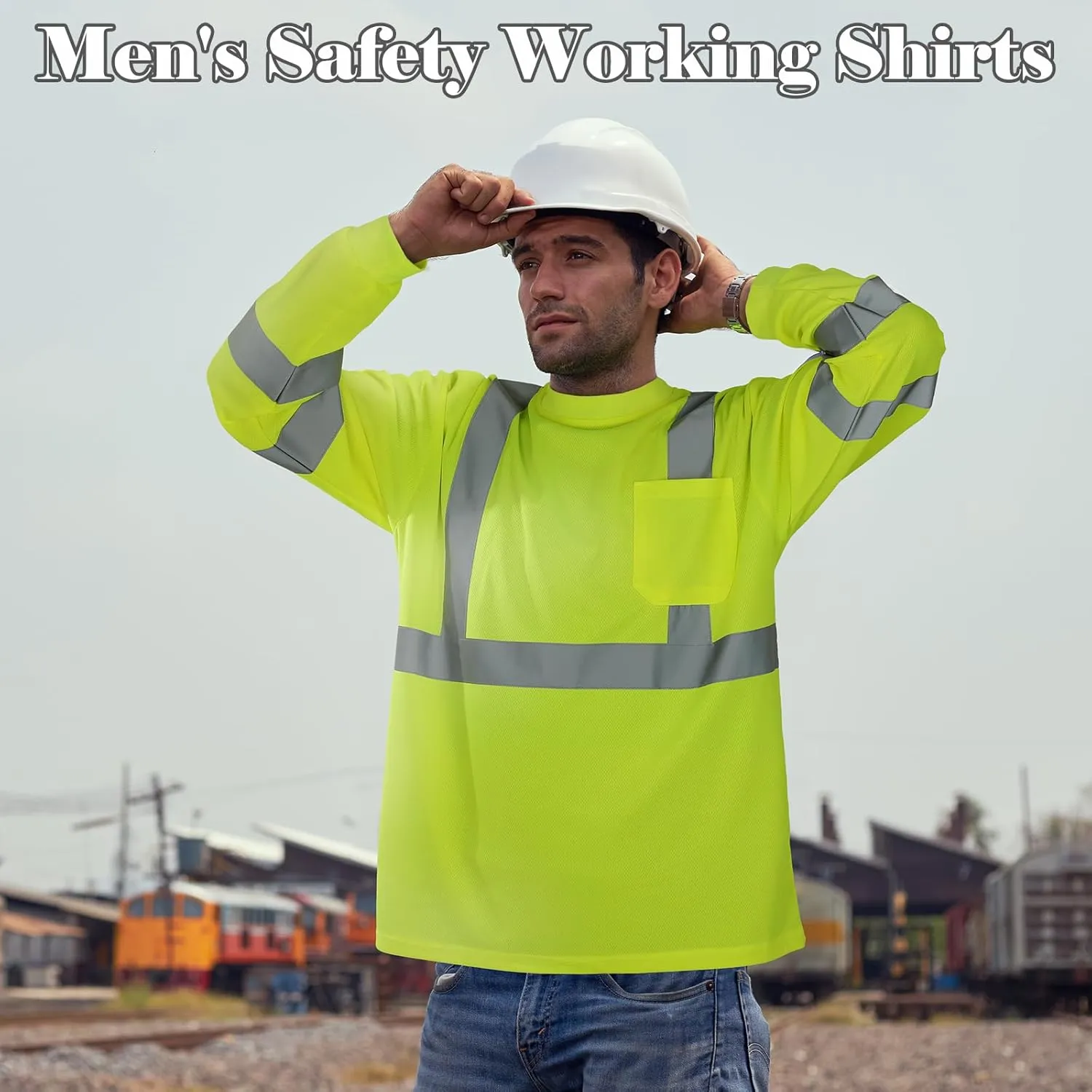 Amylove 4 Pcs Long Sleeve Safety Shirt High Visibility Reflective Construction Work Shirts for Men Women(XXL,Yellow)