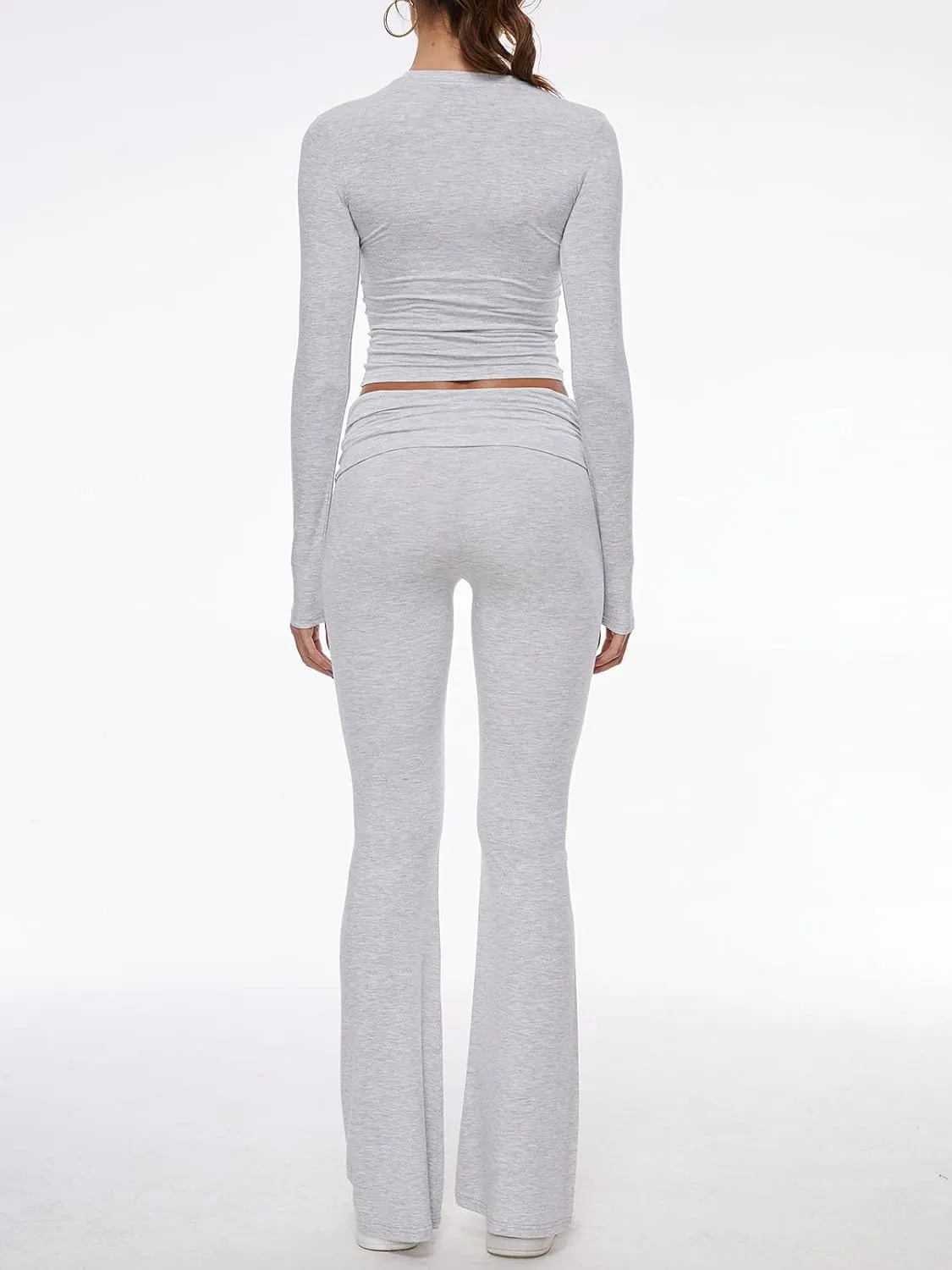 AnotherChill Women's 2 Piece Lounge Sets Fold-over Flare Pants Set Long Sleeve Cropped Top Casual Outfits Pajamas