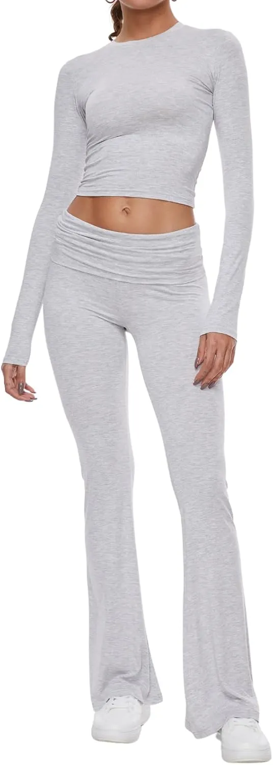 AnotherChill Women's 2 Piece Lounge Sets Fold-over Flare Pants Set Long Sleeve Cropped Top Casual Outfits Pajamas