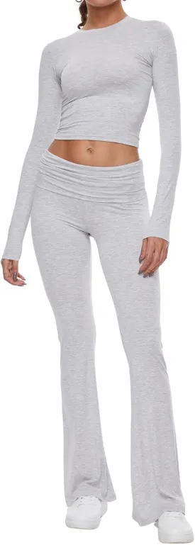 AnotherChill Women's 2 Piece Lounge Sets Fold-over Flare Pants Set Long Sleeve Cropped Top Casual Outfits Pajamas