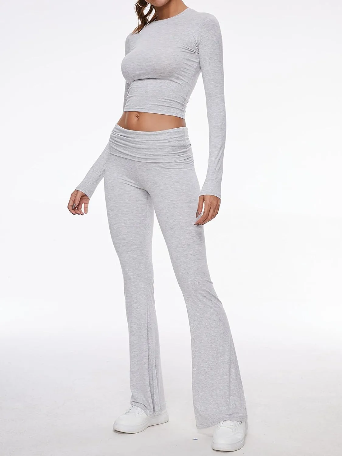 AnotherChill Women's 2 Piece Lounge Sets Fold-over Flare Pants Set Long Sleeve Cropped Top Casual Outfits Pajamas