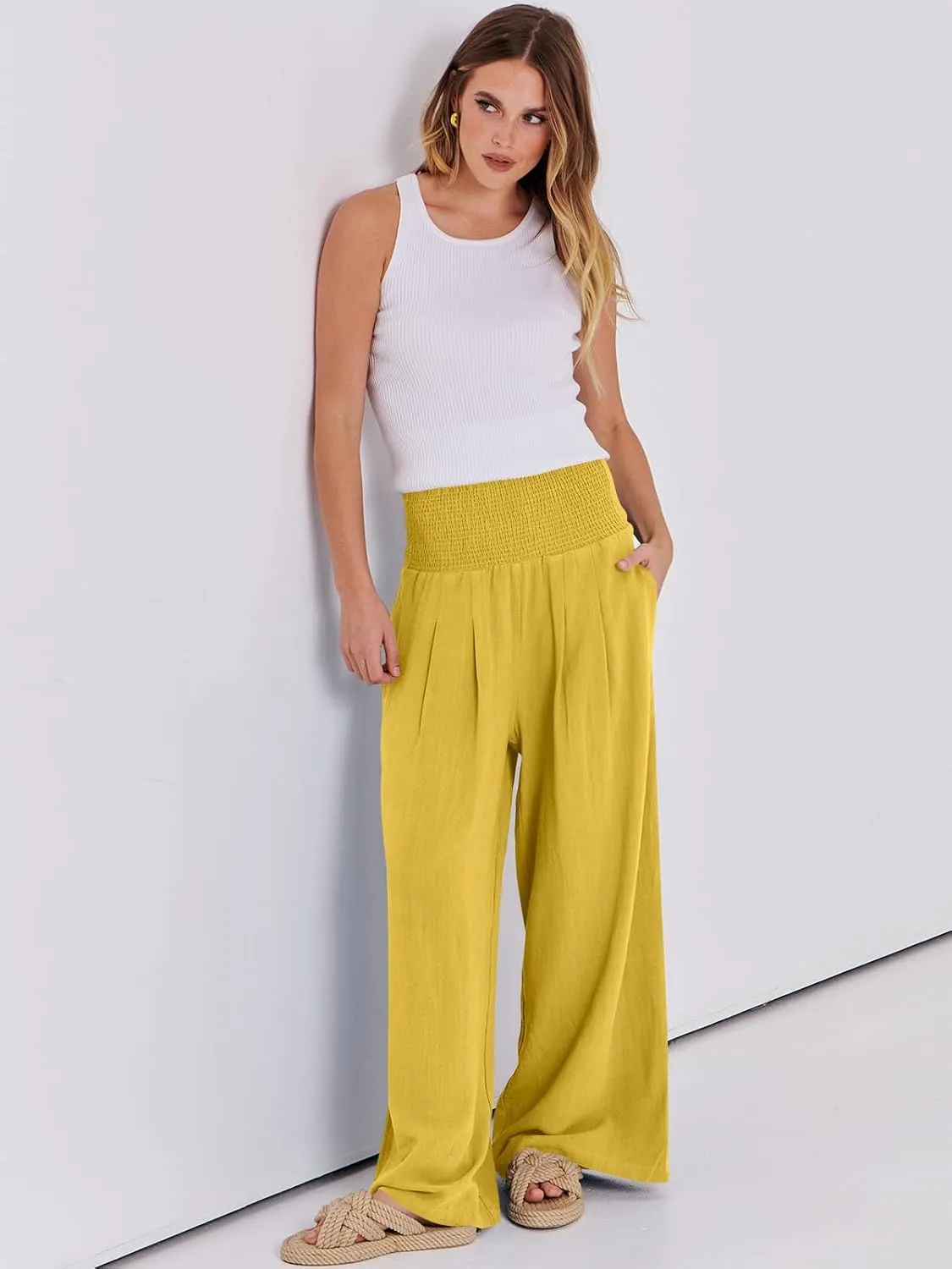 ANRABESS Women Linen Palazzo Pants Summer Boho Wide Leg High Waist Casual Lounge Pant 2025 Beach Travel Vacation Outfits