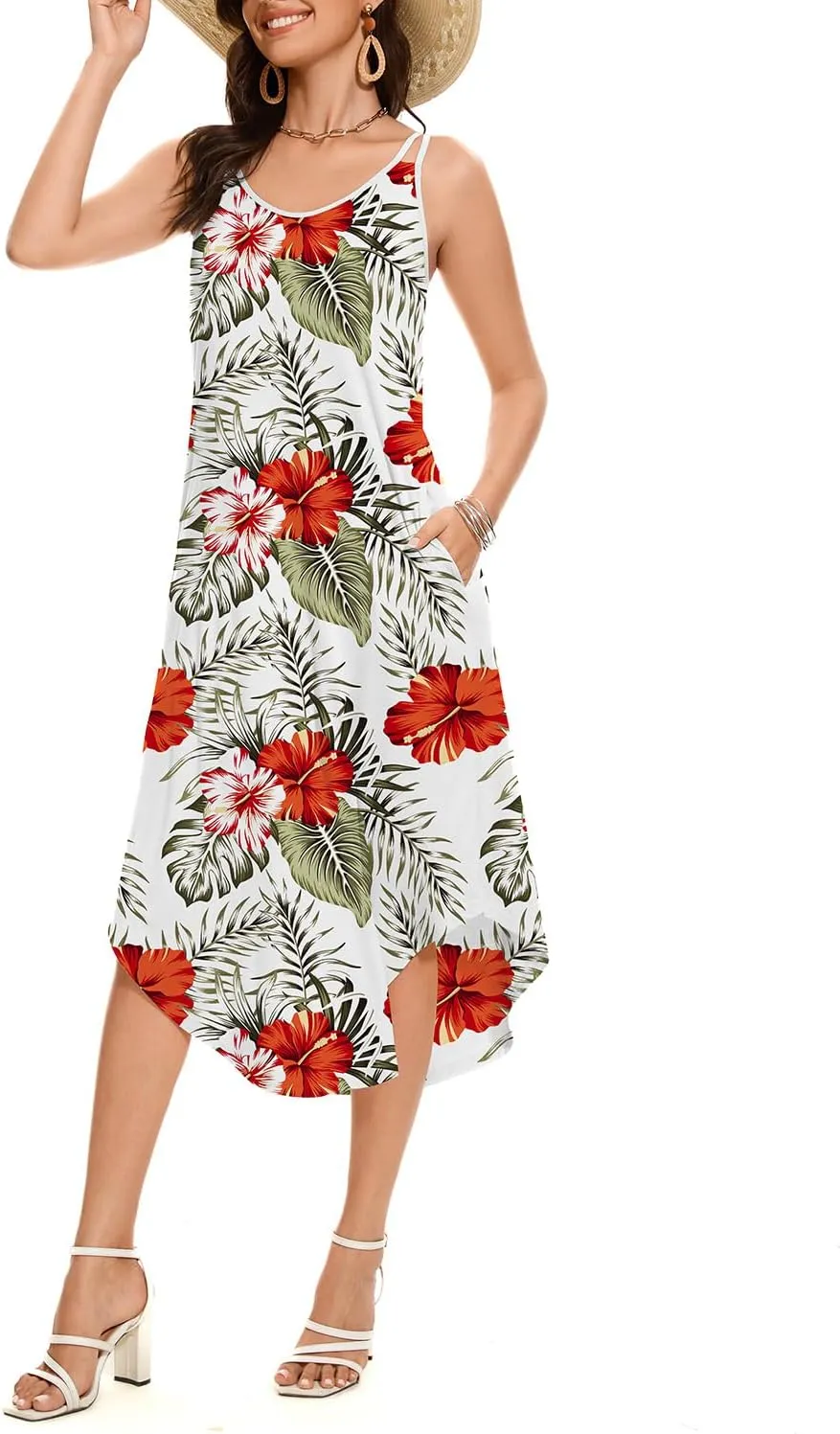ANYFITTING Built in Bra Summer Dresses for Women 2025 Midi Flowy Hawaiian Casual Dress with Pockets Floral Sundresses