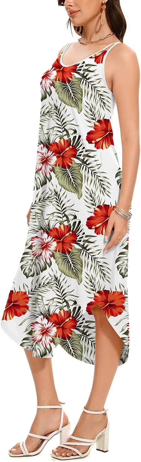ANYFITTING Built in Bra Summer Dresses for Women 2025 Midi Flowy Hawaiian Casual Dress with Pockets Floral Sundresses