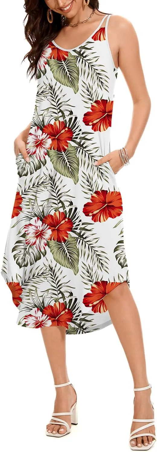 ANYFITTING Built in Bra Summer Dresses for Women 2025 Midi Flowy Hawaiian Casual Dress with Pockets Floral Sundresses