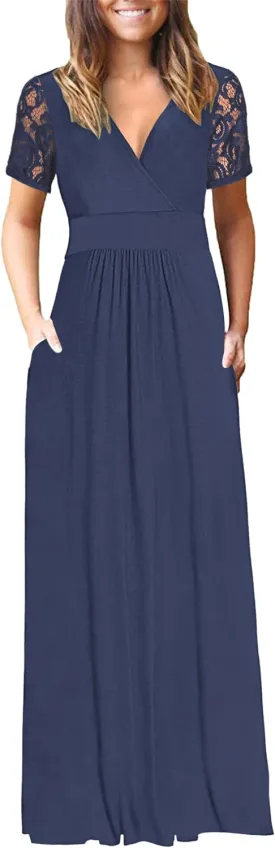 AUSELILY Womens Maxi Dress 2025 Summer Lace Short Sleeve V Neck Wrap Waist Long Dresses with Pockets