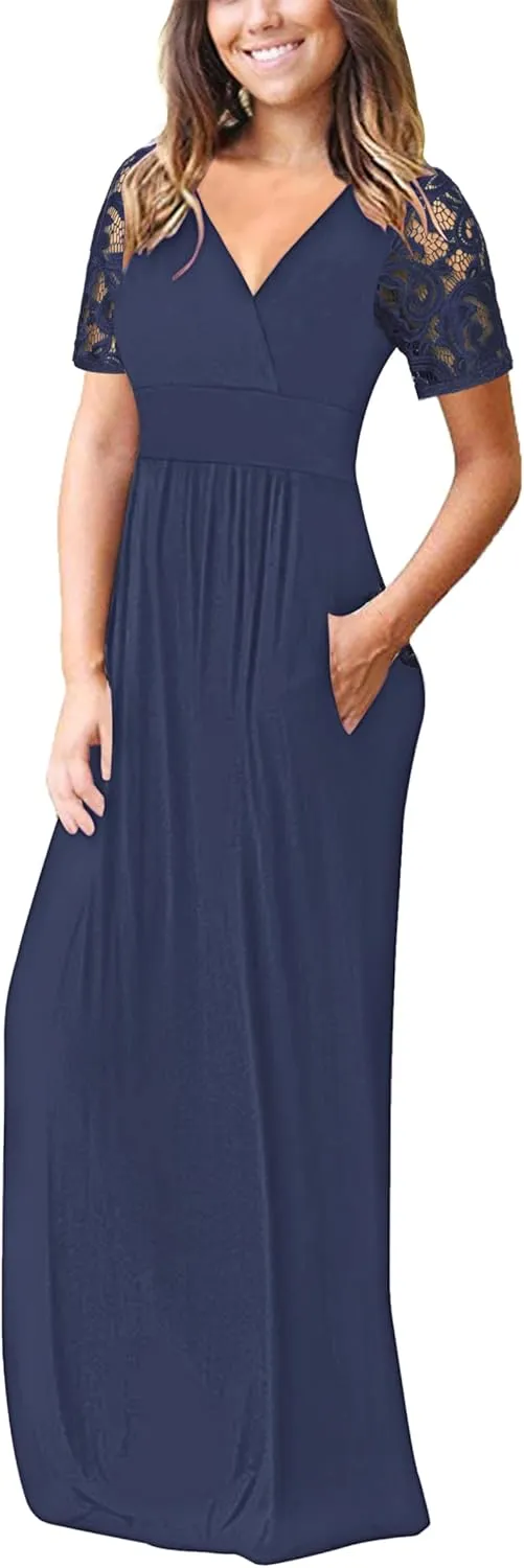 AUSELILY Womens Maxi Dress 2025 Summer Lace Short Sleeve V Neck Wrap Waist Long Dresses with Pockets