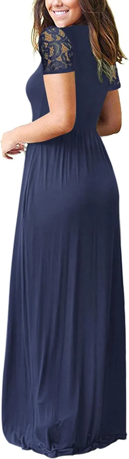 AUSELILY Womens Maxi Dress 2025 Summer Lace Short Sleeve V Neck Wrap Waist Long Dresses with Pockets