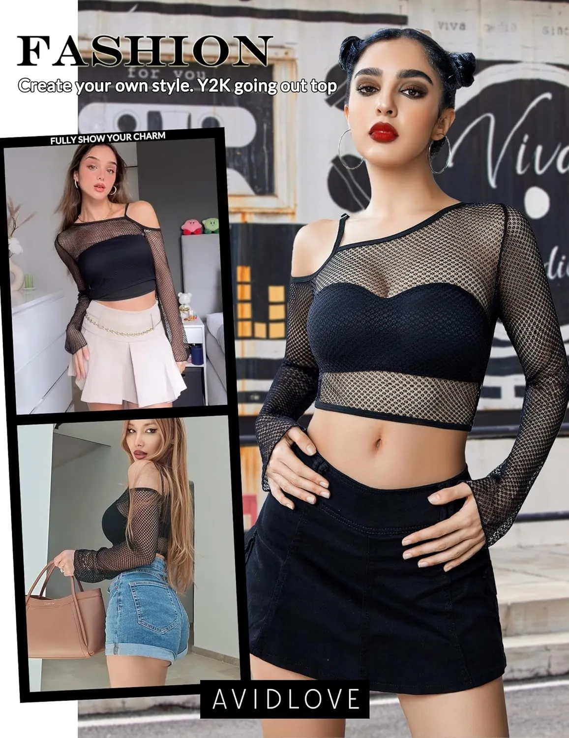 Avidlove Mesh Crop Tops for Women Long Sleeve Fishnet Shirt See Through Tops Rave Outfits Party Clubwear