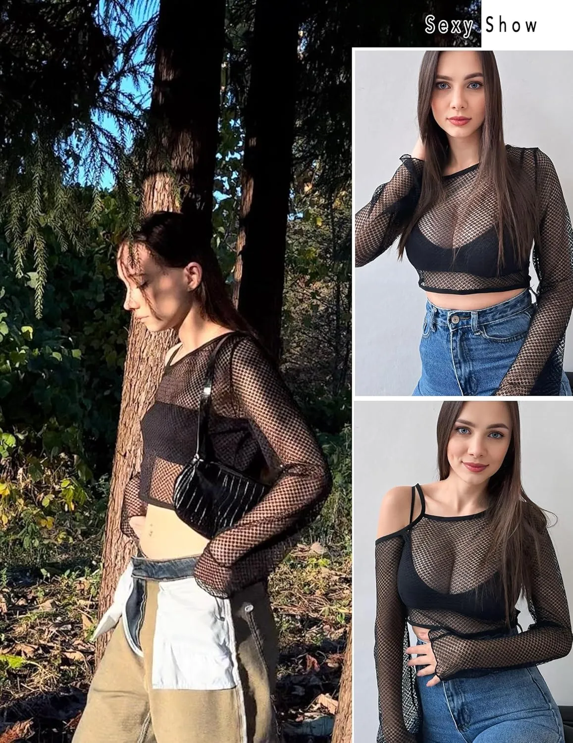 Avidlove Mesh Crop Tops for Women Long Sleeve Fishnet Shirt See Through Tops Rave Outfits Party Clubwear