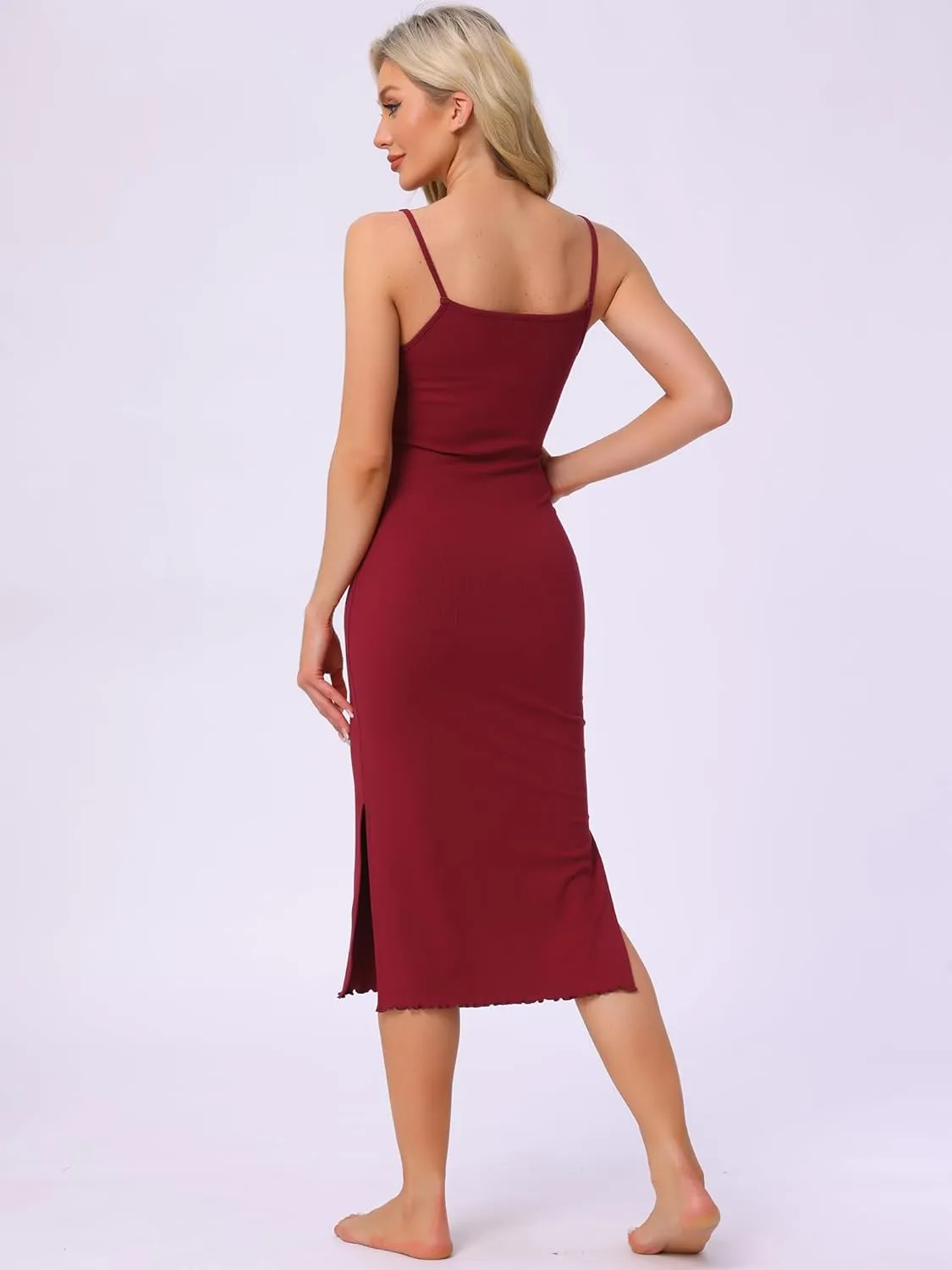 cheibear Womens Summer Sleeveless Nightgowns Bodycon Ribbed Knit Split Slit Spaghetti Strap Midi Lounge Pajama Dress