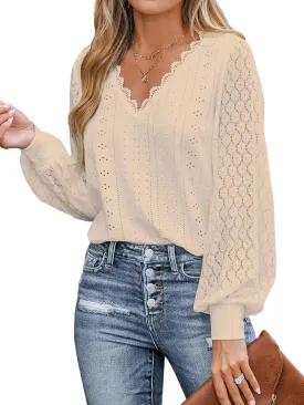 CUPSHE Long Sleeve Tops for Women Eyelet Scalloped Lace V Neck Blouse Casual Loose Fashion Shirts