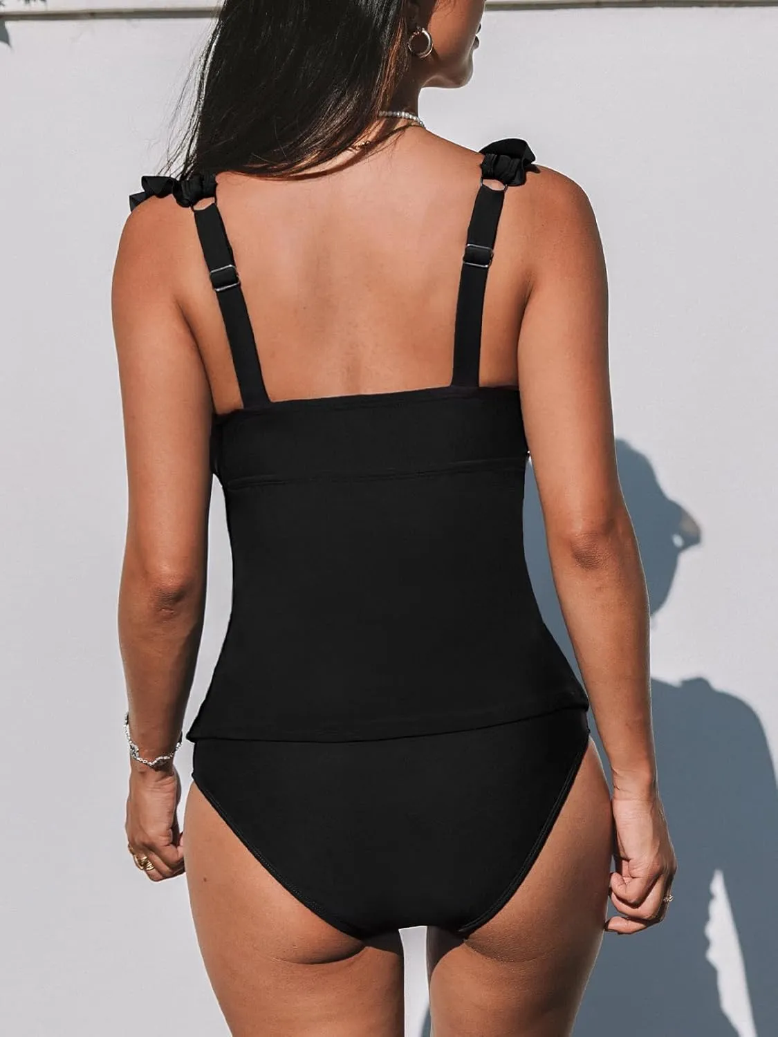 CUPSHE Women's Tankini Sets Two Piece Swimsuit V Neck Ruffled Ruched Tummy Control Ladder Trim (XS-4XL)