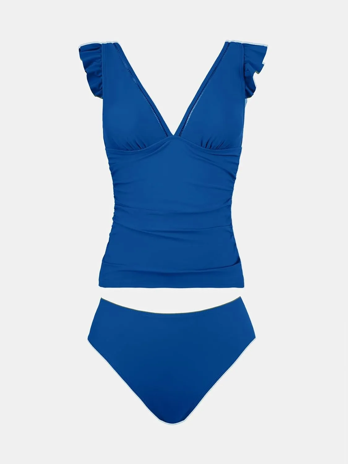 CUPSHE Women's Tankini Sets Two Piece Swimsuit V Neck Ruffled Ruched Tummy Control Ladder Trim (XS-4XL)