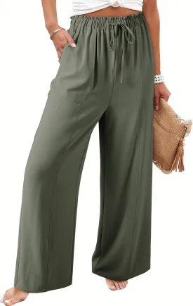 Dokotoo Women's Flowy Wide Leg Summer Pants 2025 Casual Beach Pants High Waisted Drawstring Palazzo Trousers with Pockets