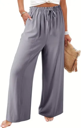 Dokotoo Women's Flowy Wide Leg Summer Pants 2025 Casual Beach Pants High Waisted Drawstring Palazzo Trousers with Pockets