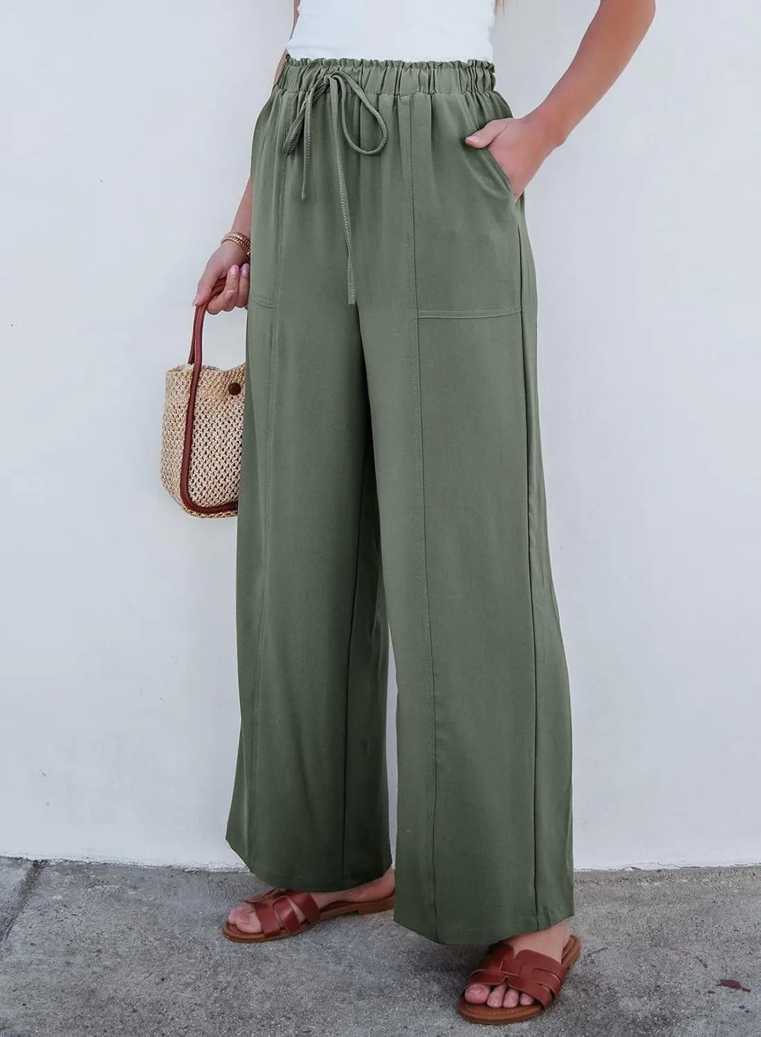 Dokotoo Women's Flowy Wide Leg Summer Pants 2025 Casual Beach Pants High Waisted Drawstring Palazzo Trousers with Pockets