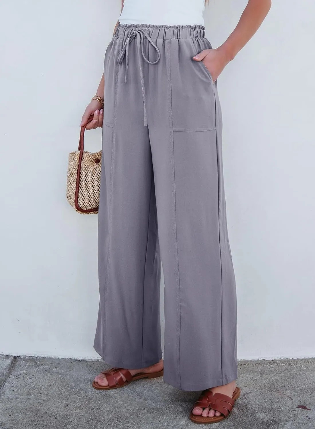 Dokotoo Women's Flowy Wide Leg Summer Pants 2025 Casual Beach Pants High Waisted Drawstring Palazzo Trousers with Pockets