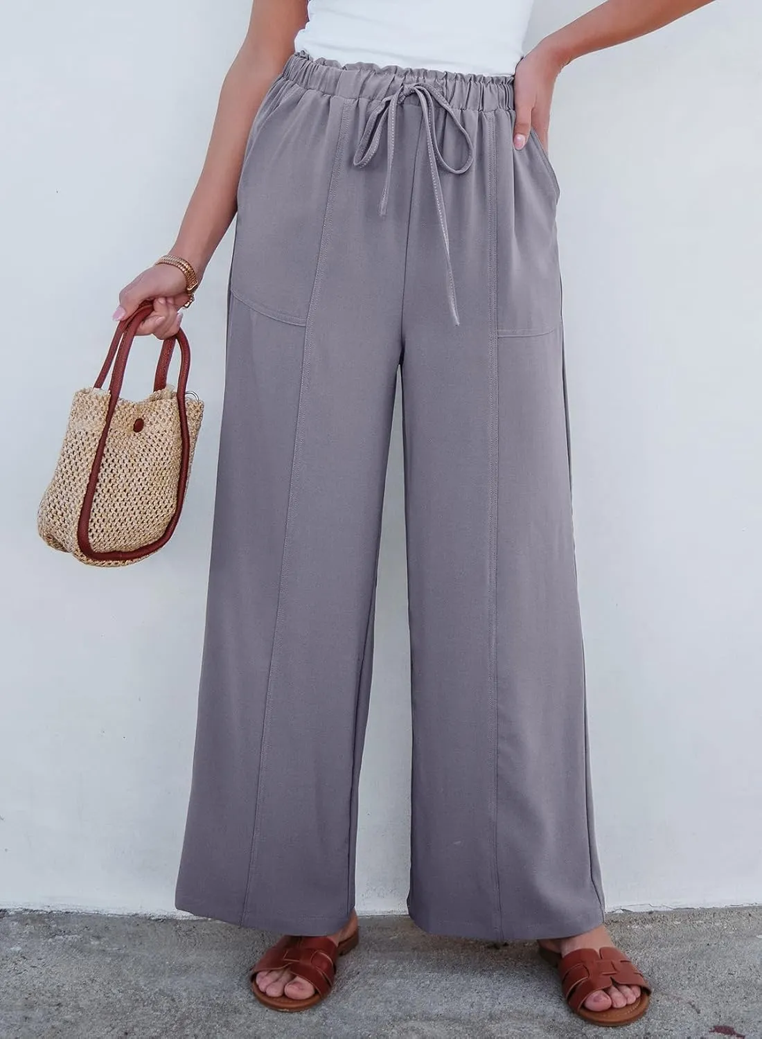 Dokotoo Women's Flowy Wide Leg Summer Pants 2025 Casual Beach Pants High Waisted Drawstring Palazzo Trousers with Pockets