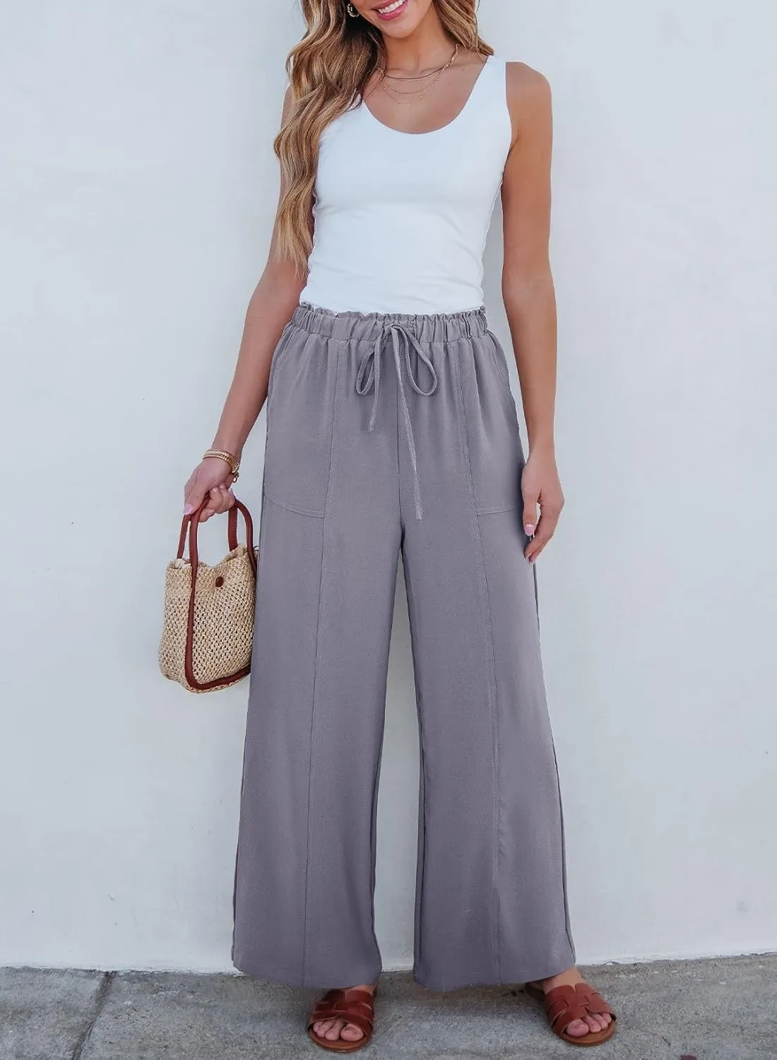 Dokotoo Women's Flowy Wide Leg Summer Pants 2025 Casual Beach Pants High Waisted Drawstring Palazzo Trousers with Pockets