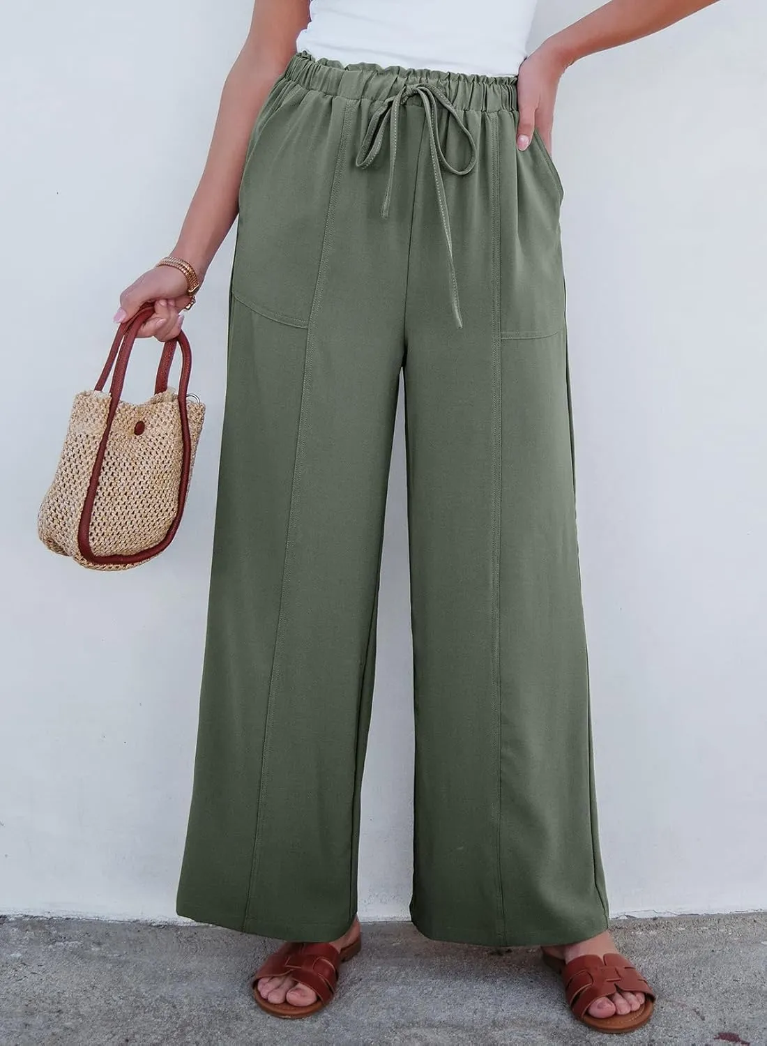 Dokotoo Women's Flowy Wide Leg Summer Pants 2025 Casual Beach Pants High Waisted Drawstring Palazzo Trousers with Pockets