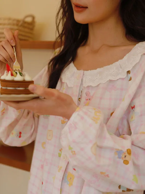 Doll Plaid Print Lace Trim Long Sleeve Nightdress
