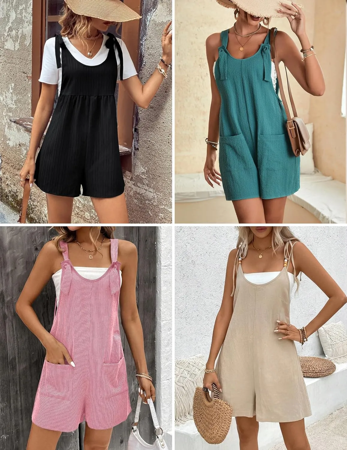 Ekouaer Rompers for Women 2025 Fashion Ribbed Knit Jumpsuit Scoop Neck Loose Outfit Wide Leg Summer One Piece Shortalls