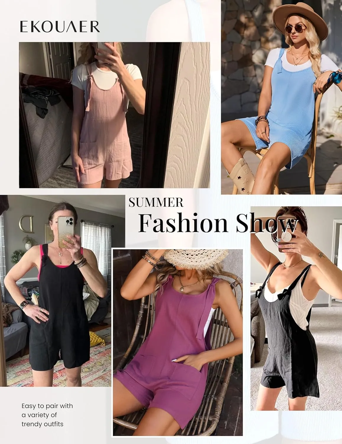 Ekouaer Rompers for Women 2025 Fashion Ribbed Knit Jumpsuit Scoop Neck Loose Outfit Wide Leg Summer One Piece Shortalls