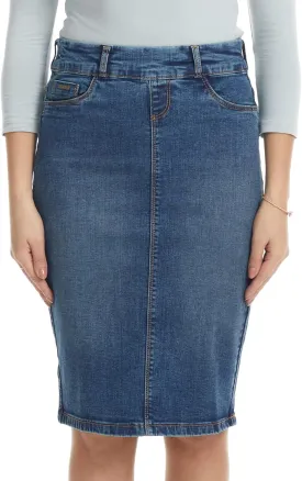 ESTEEZ Women's Stretch Denim Pencil Skirt  Soft, Flexible, Body-Hugging, Knee-Length Jean Skirt Brooklyn