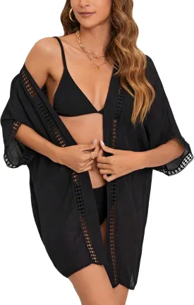 Floerns Women's Half Sleeve Open Front Geo Print Sheer Cardigan Kimono Coverup
