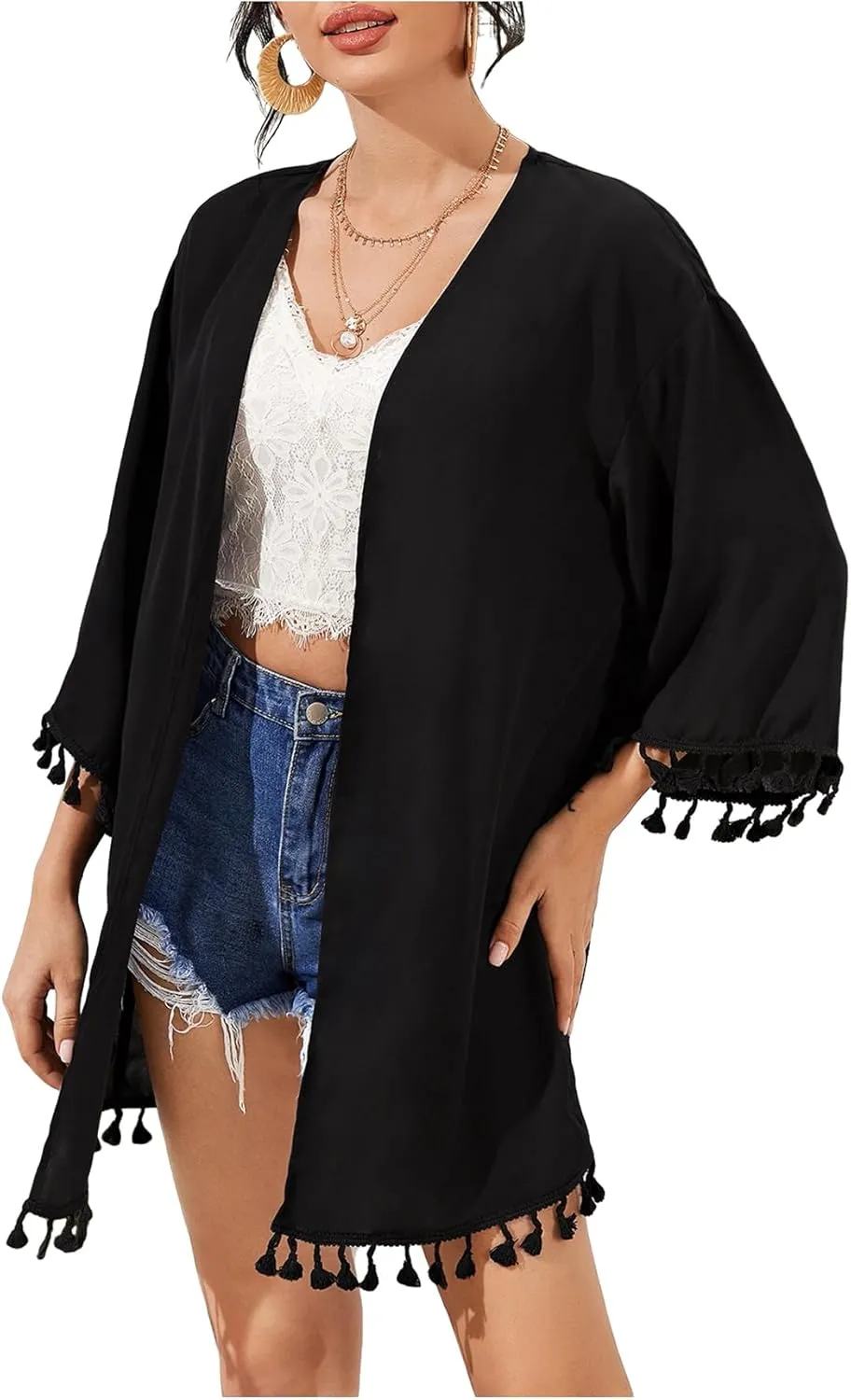 Floerns Women's Half Sleeve Open Front Geo Print Sheer Cardigan Kimono Coverup