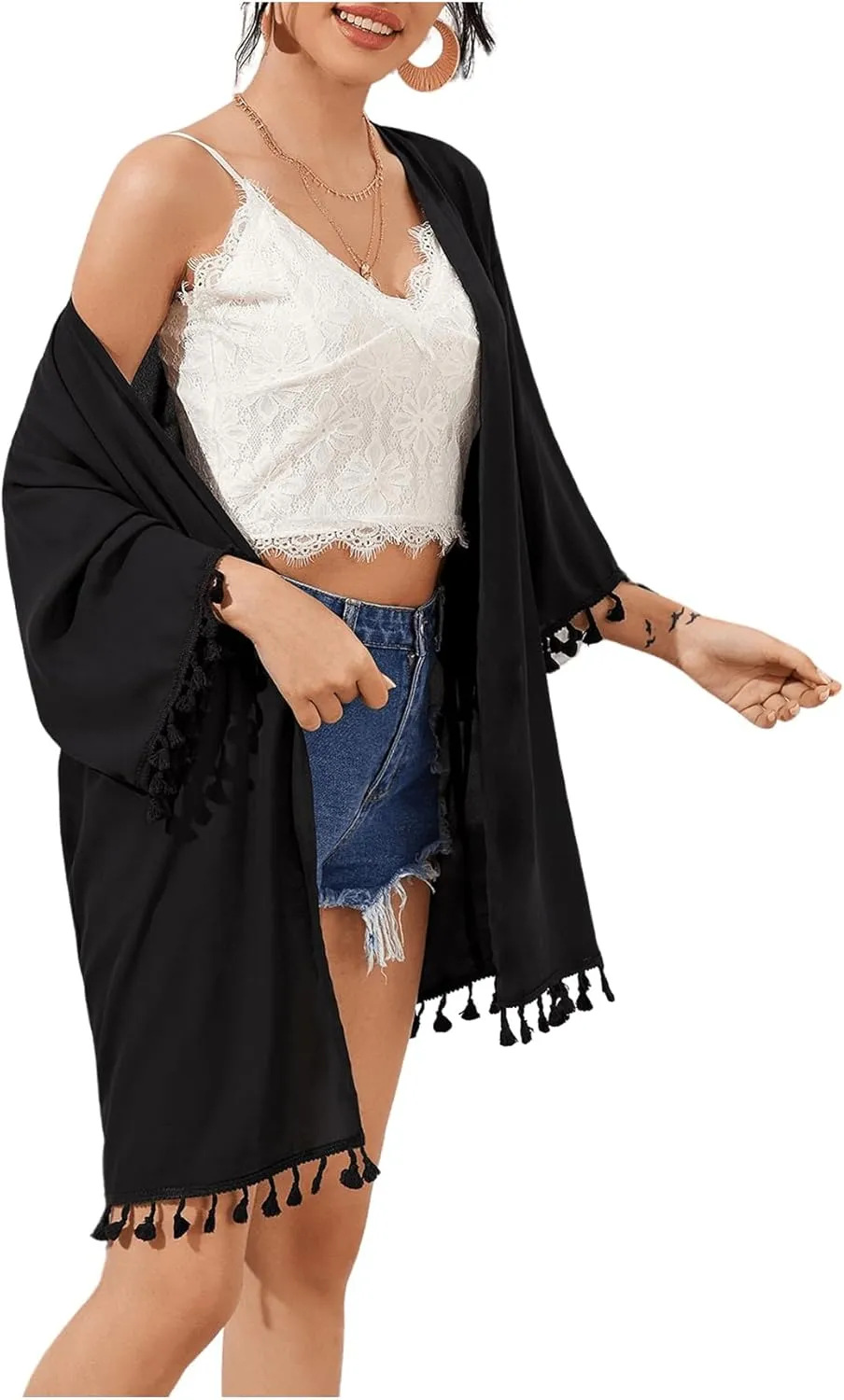 Floerns Women's Half Sleeve Open Front Geo Print Sheer Cardigan Kimono Coverup