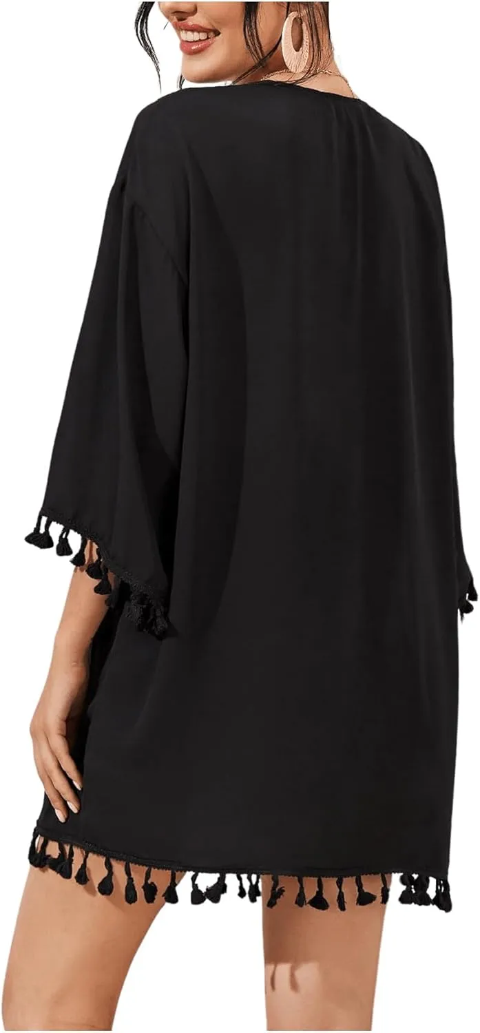 Floerns Women's Half Sleeve Open Front Geo Print Sheer Cardigan Kimono Coverup